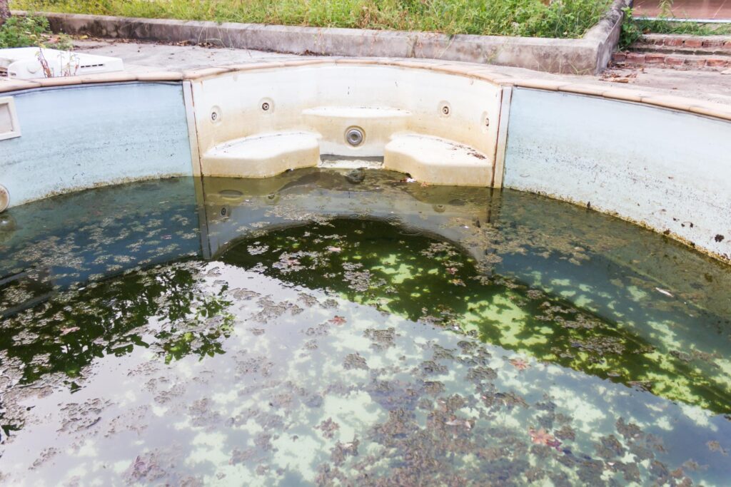 Demolition Bryan-College Station Texas - Pool Removal & Fill-In 2 "a dirty pool filled with lots of green water"